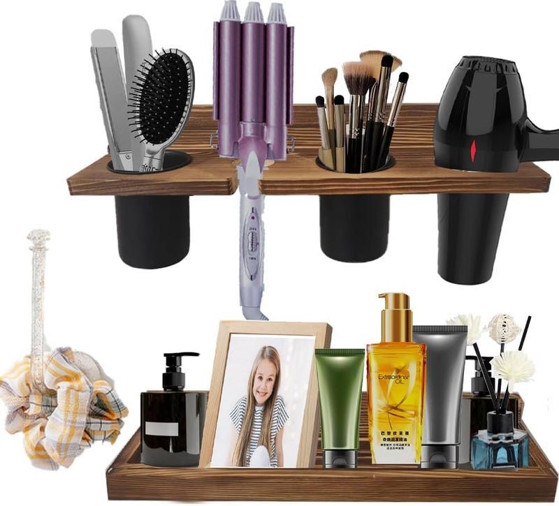 Ayxeute Wall-Mounted Hair Tool Organizer with Heat Resistance - Set of 2 Layer Rustic Blow Dryer Holder (Dark Brown) - Image 1
